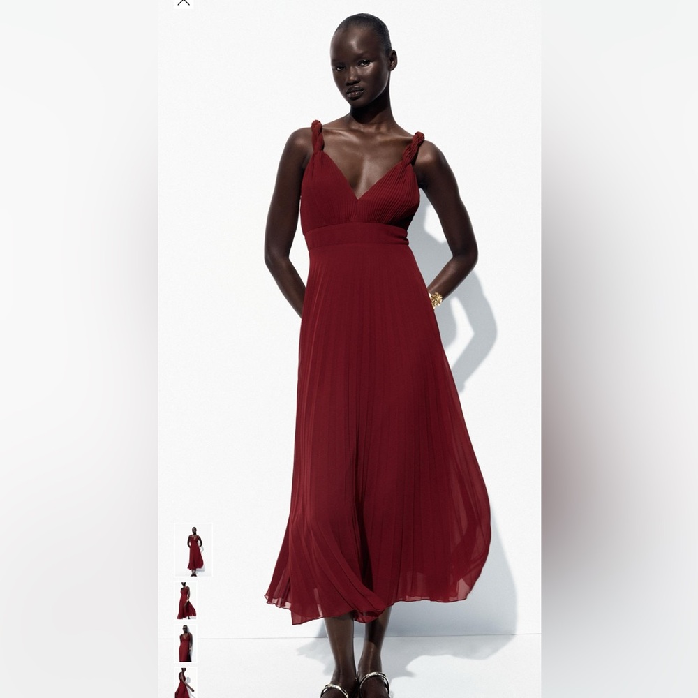 Zara Deep Red Pleated Midi Dress